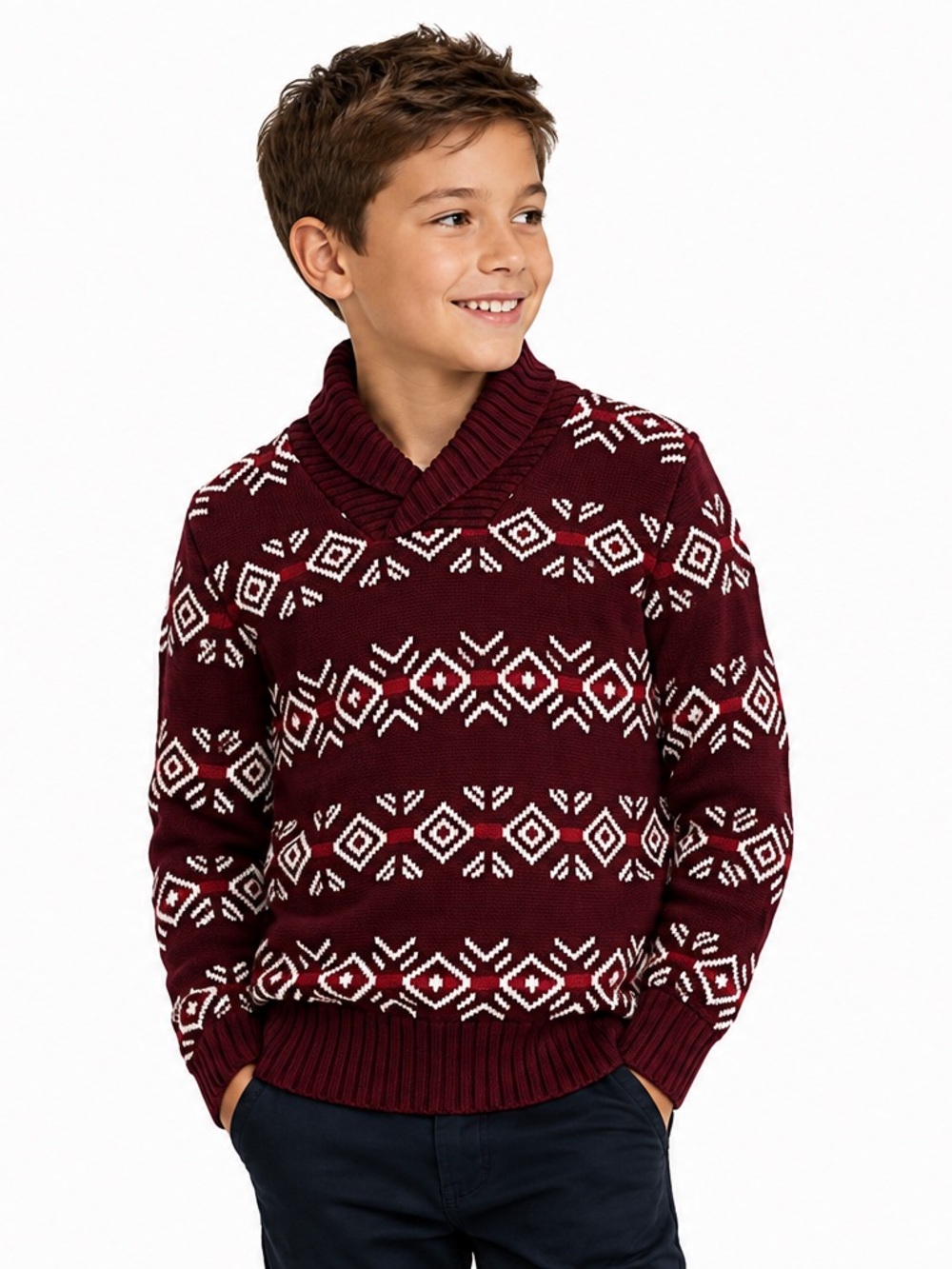 Cat & Jack Boys Burgundy Fair Isle Shawl Collar Sweater Size M 8/10